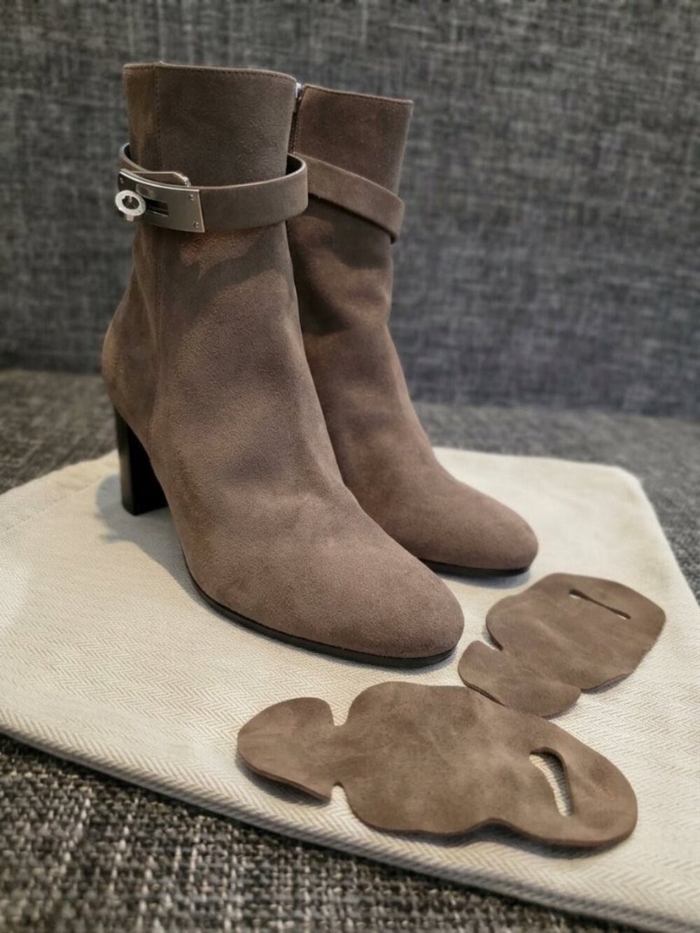 HERMÈS Suede Goatskin Ankle Boots with Palladium Buckle - Size 38